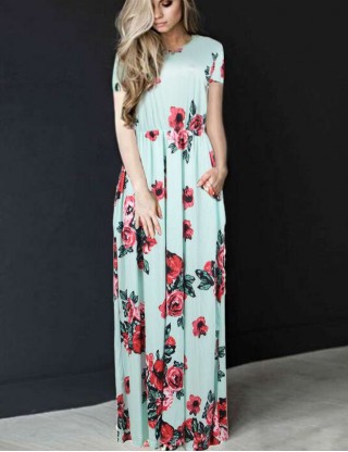 Mint Pocket Design Short Sleeve Floral Maxi Dress