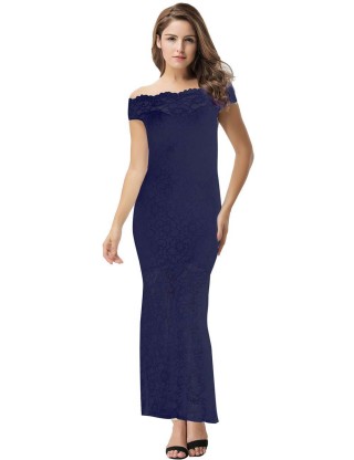 Dark Blue Lace Elegant Fishtail Party Gown For Women