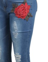 Top Design Embroidery  Ripped Women Jeans 