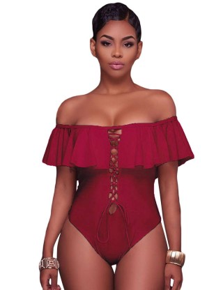 Red Ruffle Off-The-Shoulder One Piece Swimsuit