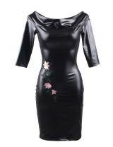 Black Off-Shoulder Embroidery Leather Dress
