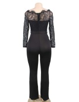 Black Falling shoulder lace stitching fashion jumpsuit