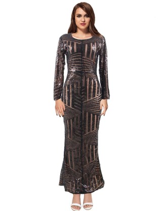 Black Striped Sequins Long Dress