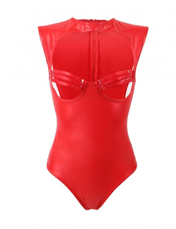 Plus Size Red Leather Open Bust Teddy