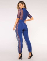 Blue Lace Half-length Sleeve Jumpsuit