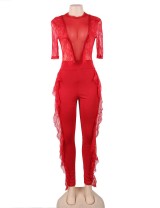Red Lace Half-length Sleeve Jumpsuit