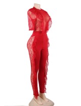 Red Lace Half-length Sleeve Jumpsuit