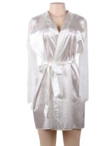 Plus Size White Silk Satin Lace Sexy Women Kimono Home Pajamas