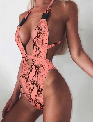Fashion V Front One Piece Snake Print Swimsuit Sexy Bikini