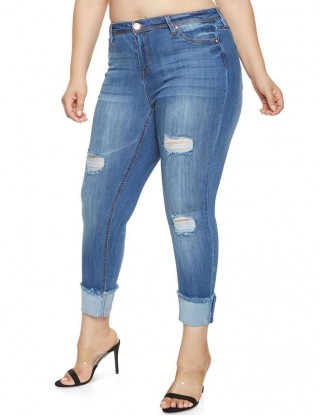 2XL-7XL Plus size  High Quality Big Hip Sexy Girls Chic Shredded Jeans