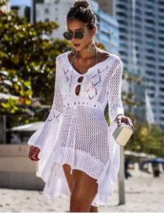 Long Sleeve White Knitted Handmade Crochet Hollow Beach Dress 