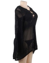Long Sleeve Black Knitted Handmade Crochet Hollow Beach Dress 