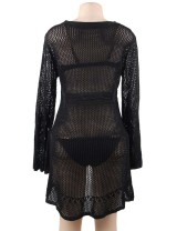 Long Sleeve Black Knitted Handmade Crochet Hollow Beach Dress 