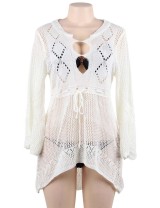 Long Sleeve White Knitted Handmade Crochet Hollow Beach Dress 