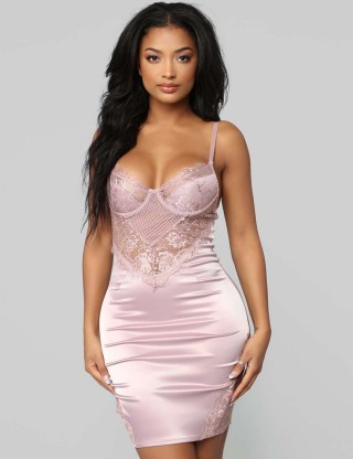 Sexy Pink Lace Fitted Low Back Satin Club Party Bodycon Dress