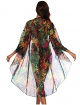 Floral Printed Sexy Sheer Chiffon Cardigan Beach Cover Up