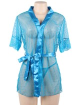Plus Size Blue Sexy Lace Transparent Pajamas Underwear Set