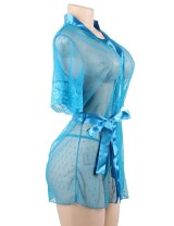 Plus Size Blue Sexy Lace Transparent Pajamas Underwear Set
