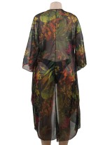 Floral Printed Sexy Sheer Chiffon Cardigan Beach Cover Up